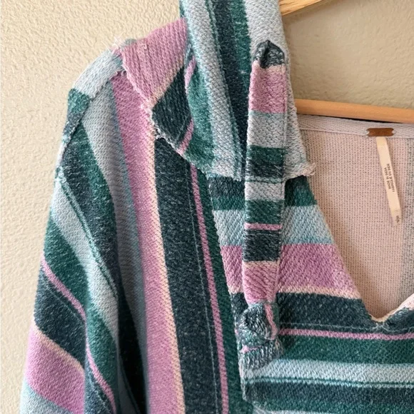 Free People Baja Sweatshirt Oversized V Neck Striped Printed Hoodie Tunic Top S - Picture 7 of 15